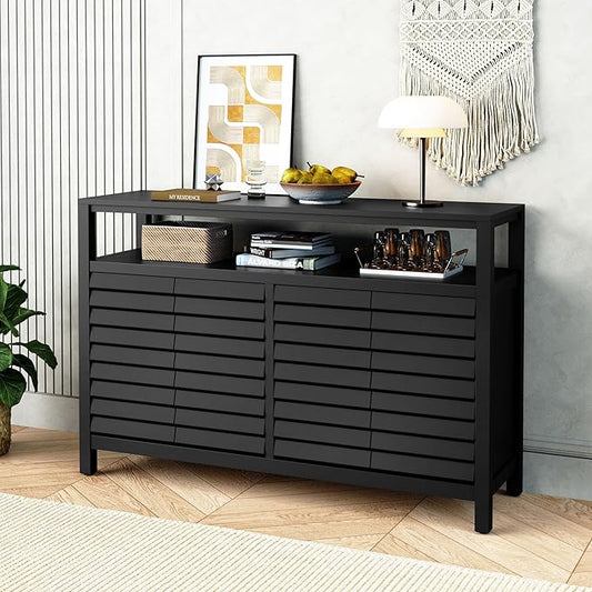 HLR Bathroom Floor Storage Cabinet, Farmhouse Sideboard with Decorative Louvered Doors, Bathroom Storage Unit with 4 Doors & Shelves, Freestanding Credenza for Dining Room, Living Room, Hallway, Black-NeatNest