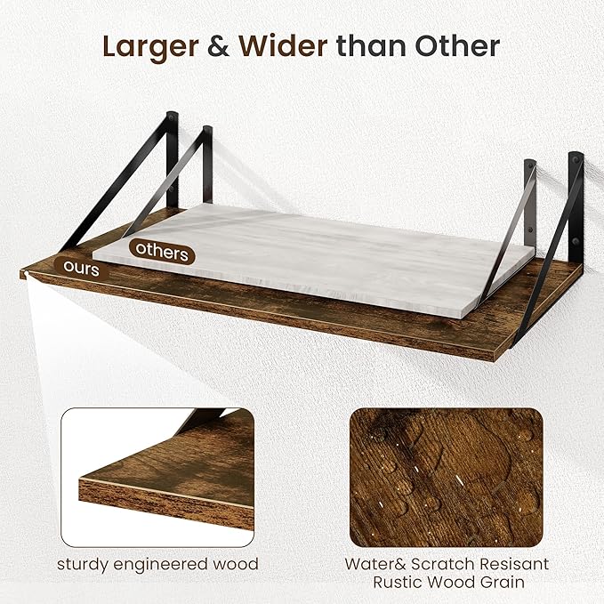 Fun Memories Floating Shelves for Wall, 12 Inch Deep Floating Shelves Set of 2, 55W x 12D Large Wall Shelf with Sturdy Metal Brackets for Living Room, Bathroom, Bedroom and Kitchen, Rustic Brown-NeatNest