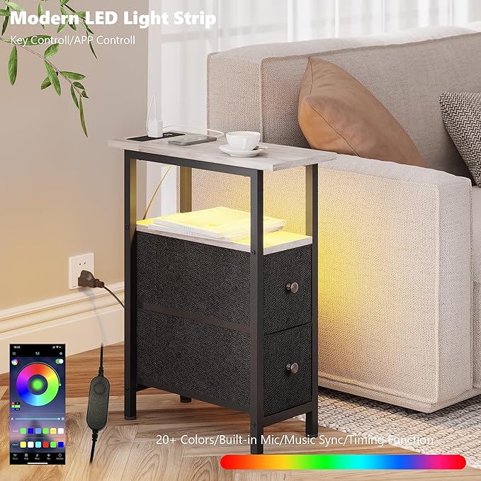End Table with Charging Station, Narrow Side Table with 2 Fabric Drawers, Skinny Nightstand with LED Light, Slim Bedside Table for Bedroom, Living Room, Small Spaces, Greige and Black