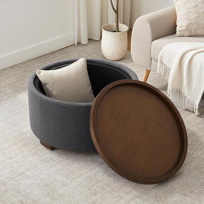 30 Inch Round Storage Ottoman Coffee Table, Modern Boucle Ottoman with Lift-Off Lid and Solid Wood Legs for Living Room, Bedroom, Corners, Apartments (Grey)