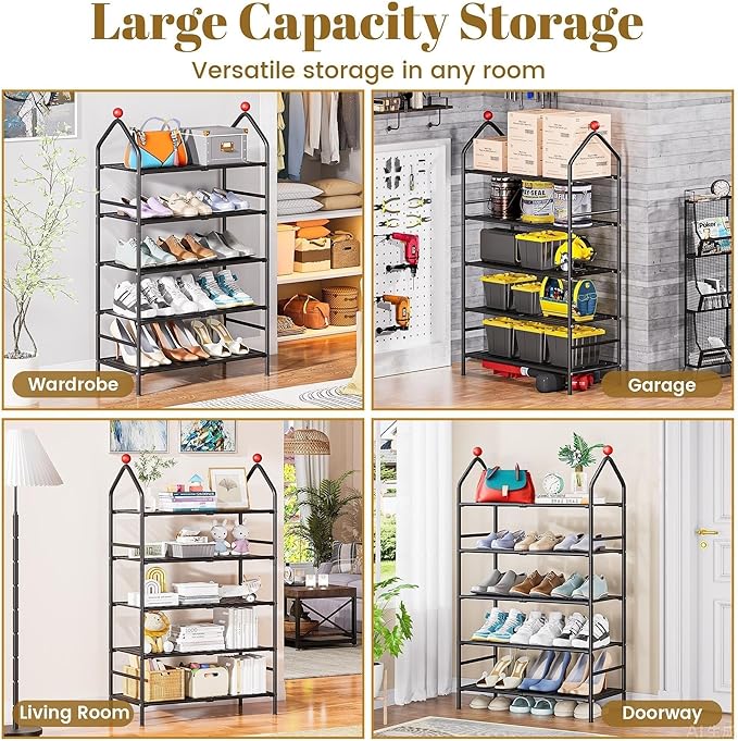 Shoe Rack, 5-Tier Shoe Organizer, Metal Storage Shelf, Shoe Rack for Closet, Free Standing Shoe Racks for Entryway, Garage & Doorway, Sturdy Shoe Shelves, Black-NeatNest