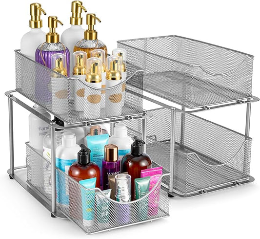 Sorbus 2 Sets of 2 Tier Metal Under Sink Organizer for Bathroom, Kitchen, Strong Steel Mesh Sliding Drawers for Under Sink, Under Cabinet, Closet, Kitchen, Pantry, Bathroom Organizers and Storage-NeatNest