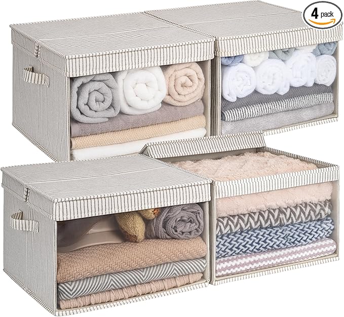 StorageWorks Storage Bins with Lid and Clear Window, Fabric Storage Boxes with Lids, Stackable Basket for Shelves, Closet Organizer and Storage Bins, Gray and White Stripes, Jumbo, 4-Pack-NeatNest