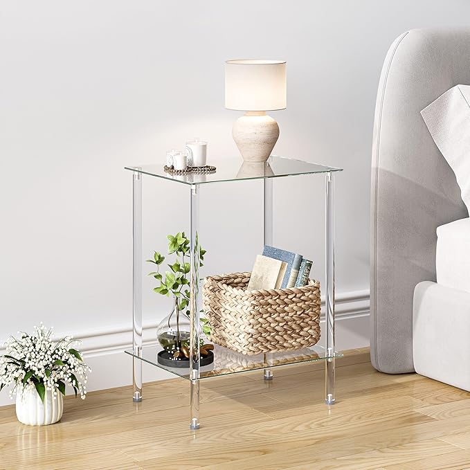 empered Glass Side Tables Set of 2 Acrylic End Table with 2 Storage Shelve transparent Bedside simplicity clear 2-Tier Nightstands small Spaces Office Bedroom Living Room Study Transparent ET-008TR