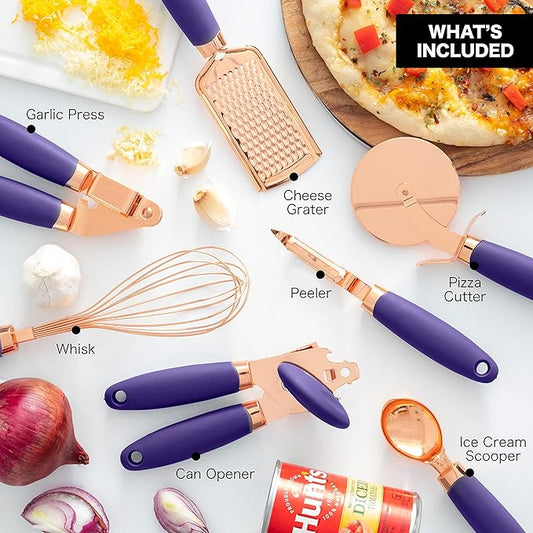 COOK WITH COLOR Kitchen Gadget Set Copper Plated Stainless Steel Utensils with Soft Touch Handles, Copper Lavender, 7 Pieces-NeatNest