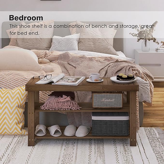 SMIBUY Bamboo Shoe Rack Bench, 3-Tier Shoe Organizer Storage Shelf for Entryway Hallway Bathroom Living Room (Walnut)-NeatNest