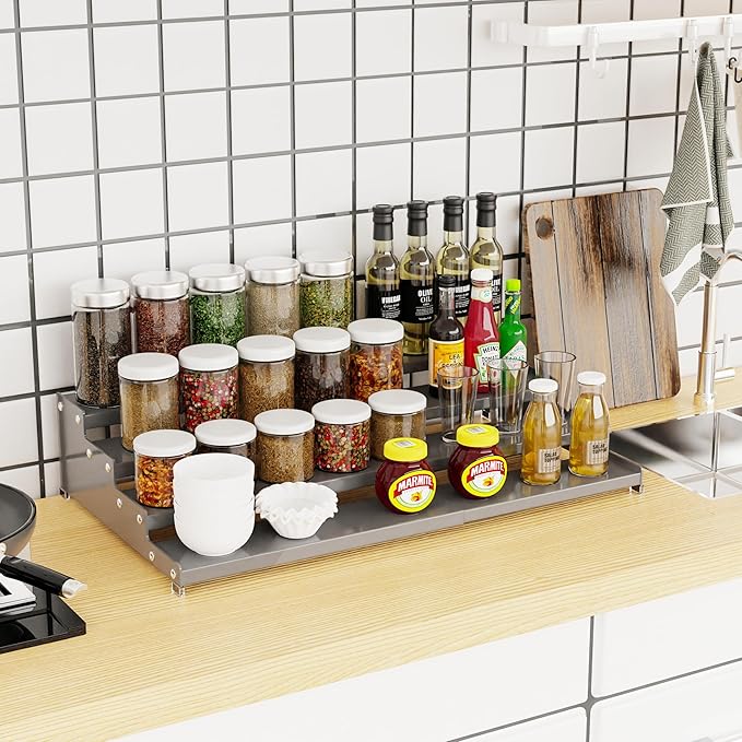 Expandable 4-Tier Step Spice Rack Organizer for Kitchen Cabinet Modern Design and Non Skid Space Saving Storage Shelf for Countertop Cabinets Pantry(2Packs/Gun-Grey)-NeatNest