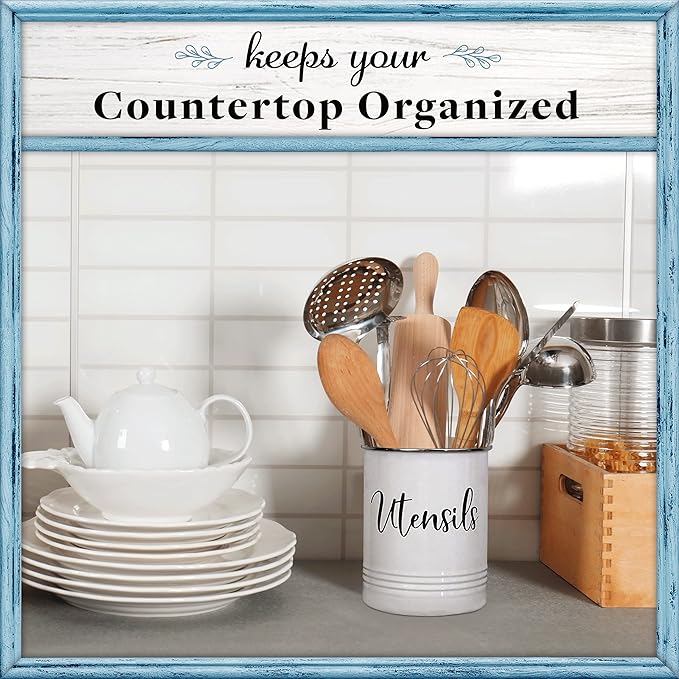 Home Acre Designs Vintage Farmhouse Utensil Holder - Stylish Countertop Organizer and Kitchen Decor Caddy - Stainless Steel Rim - White-NeatNest