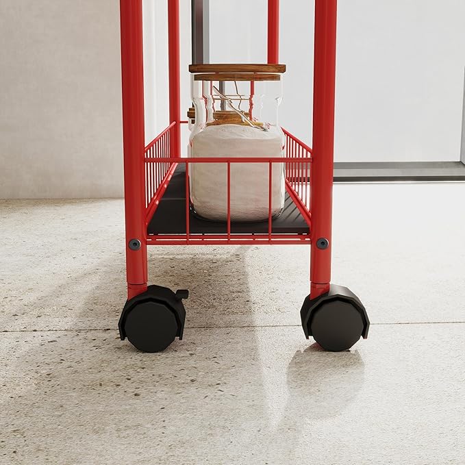 6 Tier Slim Storage Cart with Wheels Metal Rolling Organizer Utility Cart Narrow Mobile Shelving Unit Tiered Storage Shelf on Wheels for Kitchen Bathroom (Red, 6")