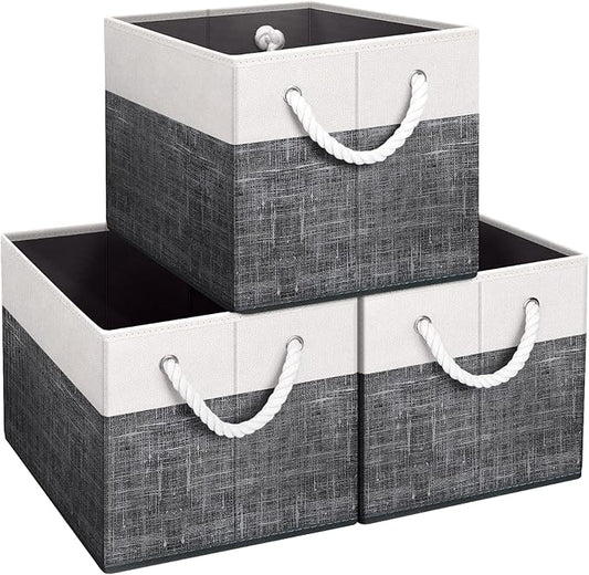 Fab totes Storage Bins [3-Pack], Foldable Storage Baskets for Organizing Toys, Books, Shelves, Closet, Large Storage Box with Rope Handles, Sturdy Organizer Bins, White & Black-NeatNest