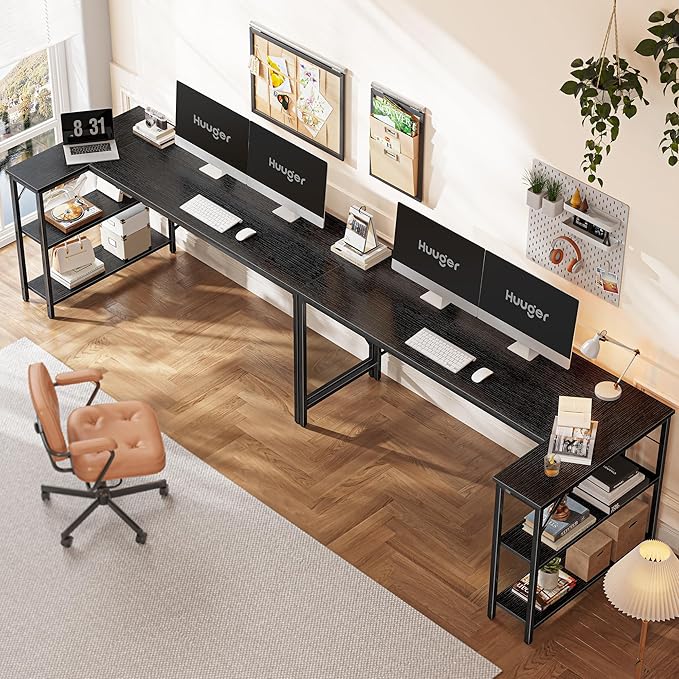 Huuger L Shaped Desk, 63 Inches Computer Desk with Reversible Storage Shelves, Gaming Corner Home Office Writing Study, Metal Frame, Black-NeatNest