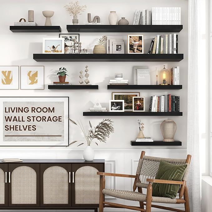 Floating Shelves for Wall, 48"W x 9"D x 1.5"H, 2 Pack of Long Wall Mounted Engineered Wood Shelves with Invisible Brackets for Living Room, Bedroom, Bathroom, Kitchen Decor and Storage, Black-NeatNest