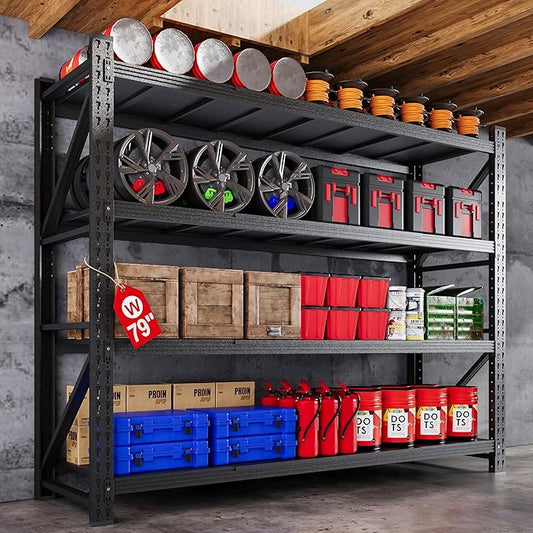 79” W Garage Shelving Heavy Duty, 7000LBS Metal Storage Shelves, 4 Tier Storage Rack Shelf, Steel Industrial Shelving, Adjustable Standing Shelf for Basement/Warehouse 79" W x 24" D x 79" H, Black-NeatNest