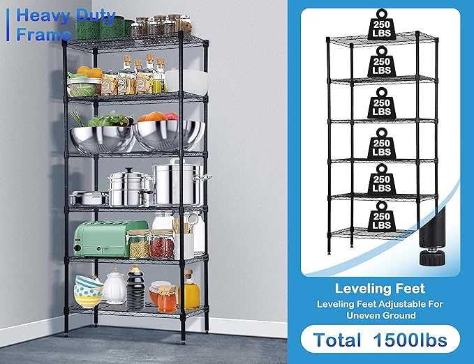 6-Tier Metal Wire Shelving Unit Snack Shelf Height Adjustable Storage Rack NSF Certified Storage Shelves 1500 Lbs Capacity Standing Utility Shelf for Laundry Kitchen Pantry Garage Organization
