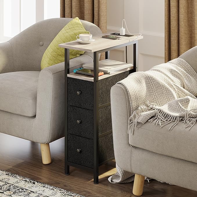 End Table with Charging Station, Narrow Side Table with 3 Fabric Drawers, Skinny Nightstand with LED Light, Slim Bedside Table for Bedroom, Living Room, Small Spaces, Greige and Black