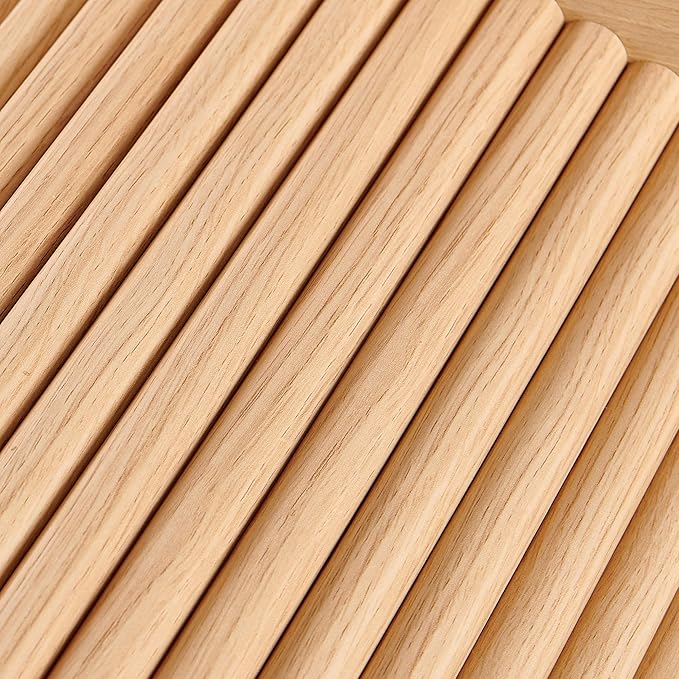 27.56" Round Accent Side Table with Wood Strip Base for Living Room, Farmhouse End Table Engineered Wood Desktop Solid Oak Wood Veneer Furnish, Modern Nightstand Table for Bedroom