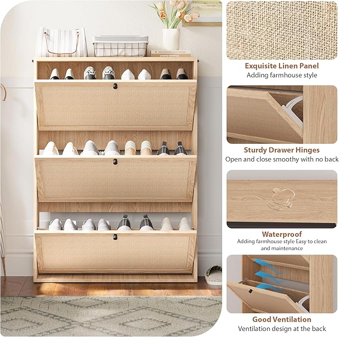 AVZEAR Narrow Shoe Storage Cabinet for Entryway with Natural Linen Panel, Freestanding Slim Shoe Cabinet with 3 Flip Drawers, Wood Shoe Organizer Closed Shoe Rack for Hallway, Living Room(Natural)-NeatNest