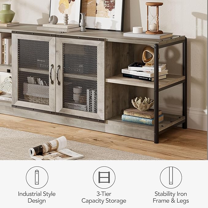 CABIHOME Farmhouse TV Stand for 65/75 Inch TVs, Entertainment Center with Storage Cabinet and Mesh Doors, Industrial Media Console Table, Furniture for Living Room, Light Grey-NeatNest