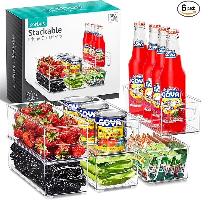 Sorbus Stackable Refrigerator Organizer Bins - Clear Storage Bins for Kitchen Pantry, Freezer & Fridge Organization - Food Organizing Plastic Containers with Handles for Countertops & Drawers (6 Pack)-NeatNest