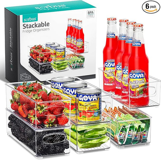 Sorbus Stackable Refrigerator Organizer Bins - Clear Storage Bins for Kitchen Pantry, Freezer & Fridge Organization - Food Organizing Plastic Containers with Handles for Countertops & Drawers (6 Pack)-NeatNest