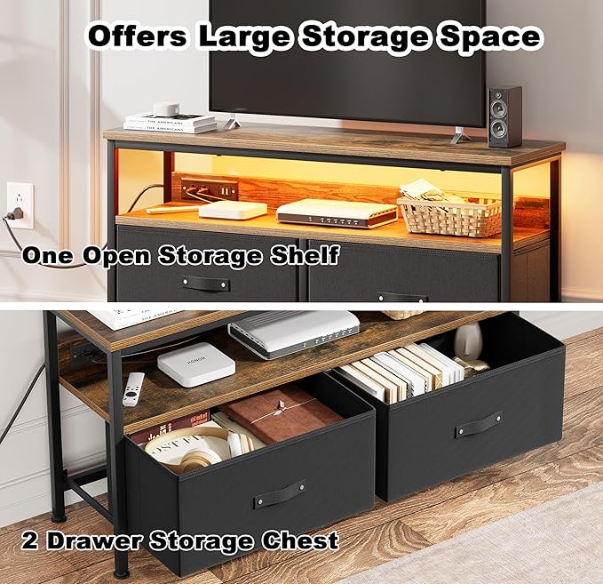39" TV Stand for TVs up to 50", Media Console with Charging Station & LED Lights, 2 Drawer Storage Chest, Gaming Entertainment Center with Storage for Living Room, Brown, Medium-NeatNest