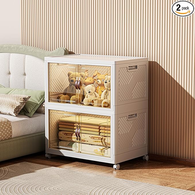 208 QT / 52 Gal Stackable Collapsible Storage Bins with Magnetic Doors & Wheels - Space-Saving Plastic Organizer Cabinet for Closet, Office, Home (White)-NeatNest