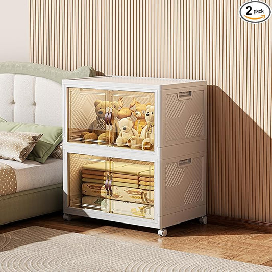 208 QT / 52 Gal Stackable Collapsible Storage Bins with Magnetic Doors & Wheels - Space-Saving Plastic Organizer Cabinet for Closet, Office, Home (White)-NeatNest