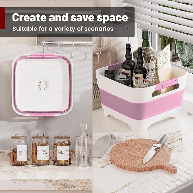 2.4 Gal Collapsbile Wash Basin with Drian Plug,9L Dish Pan for Soaking Baby Bottles,Portable Sink, Multiuse Foldable Bucket,Ice Beverage Tubs for Camping, Vegetable Washing, RV (Pink)-NeatNest