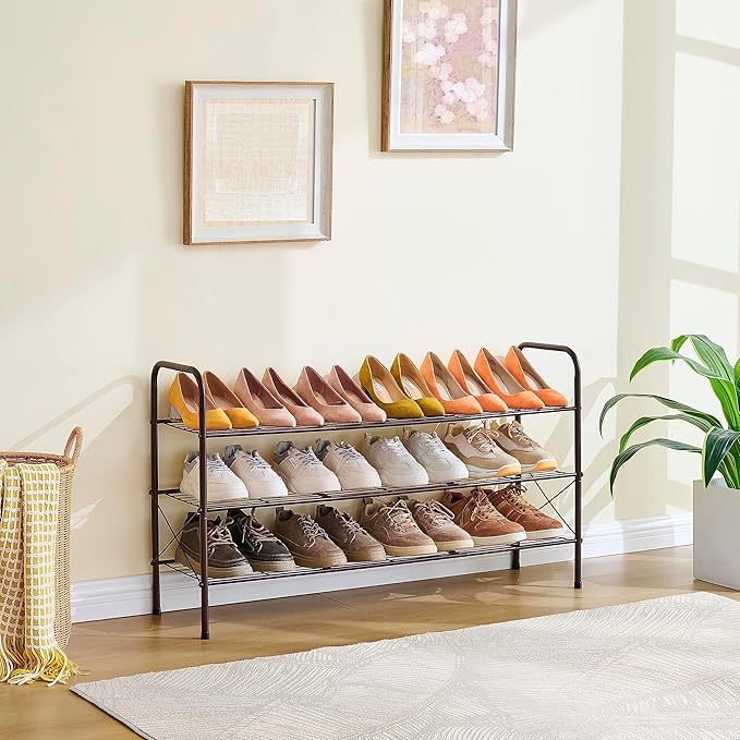 Hoctieon 3 Tier Mesh Style Shoe Rack, Entryway Shoe Shelf, Shoe Storage Organizer, Shoe Rack for Closet, Space Save for Bathroom, Garage, Hallway, Bedroom, Living Room, Brown-NeatNest