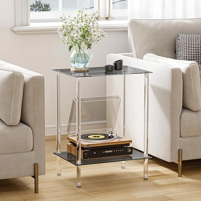 Tempered Glass Side Tables Set of 2 Acrylic End Table with 2 Storage Shelve transparent Bedside simplicity clear 2-Tier Nightstands for small Spaces Office Bedroom Living Room Study black ET-008BK