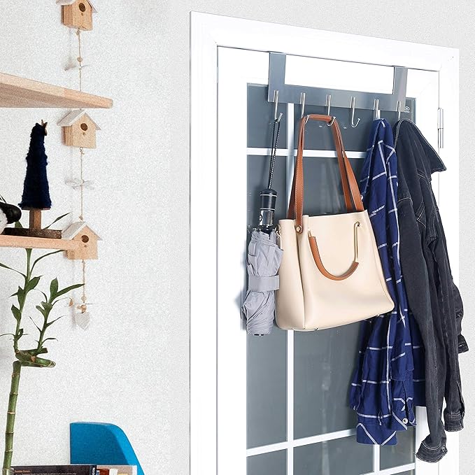 WEBI Over The Door Hooks Door Hanger,Over The Door Towel Rack with 6 Hooks for Hanging,Over Door Coat Rack for Clothes,Back of Bathroom,Brushed Nickel,2 Packs