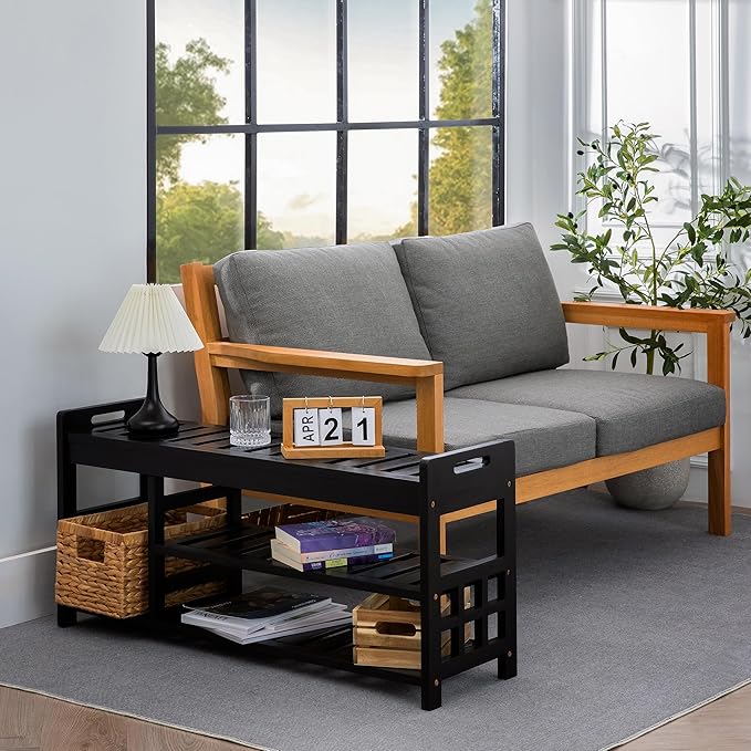 Wooden Shoe Rack with Bench Seat - Black Acacia Wood Entryway Organizer with Cushioned Top & Easy-Move Handles - Multi-Level Shoe Shelf (39.4 x 11.6X 19.29)-NeatNest