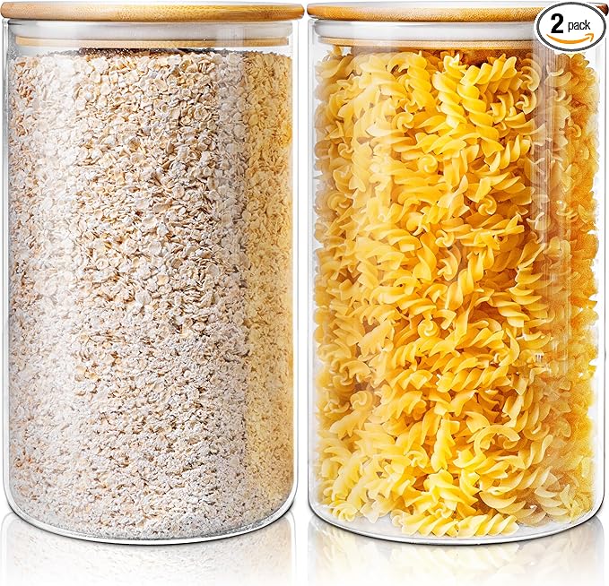 Extra Large Glass Flour and Sugar Storage Containers with Airtight Lids,132 floz x2 [Set of 2] Big Glass Jars with Bamboo Lids, Air Tight Food Storage Jars for Cereal, Pasta, Rice, Coffee-NeatNest