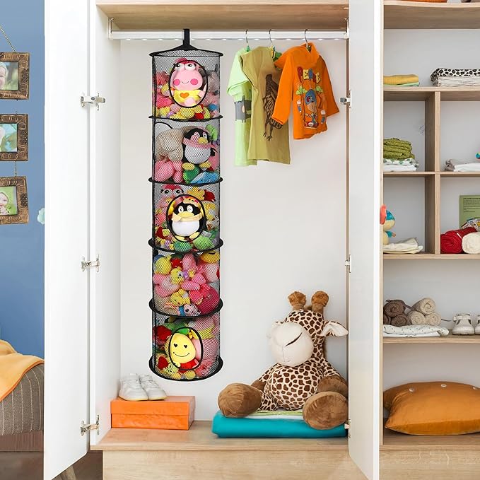 2Pcs Stuffed Animal Storage Foldable Stuffed Animal Net or Hammock Organizer, 5 Compartments Hanging Mesh Toy Storage Hammock for Kid Room Toys, Gloves, Hats, Socks, Black-NeatNest