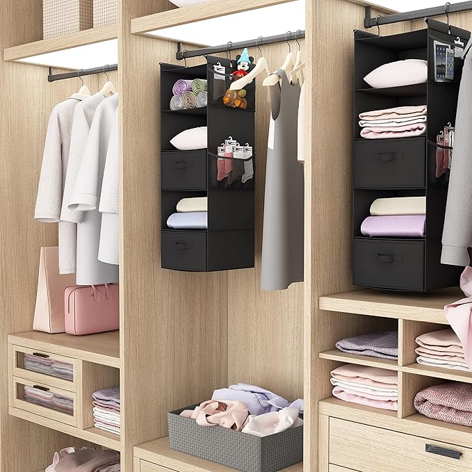 MAX Houser 5 Tier Shelf Hanging Closet Organizer, Cloth Hanging Shelf with 2 Sturdy Hooks for Storage, Foldable (Black-D2)-NeatNest