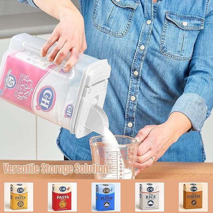 Buddeez Large Food Storage Container - 3.75 Quart Sugar Buddy, All Purpose Clear Kitchen Organization and Storage - Sugar, Flour, Cereal, Rice Dispenser, EZ Pour Spout & Easy Grip Handle (White Lid)-NeatNest