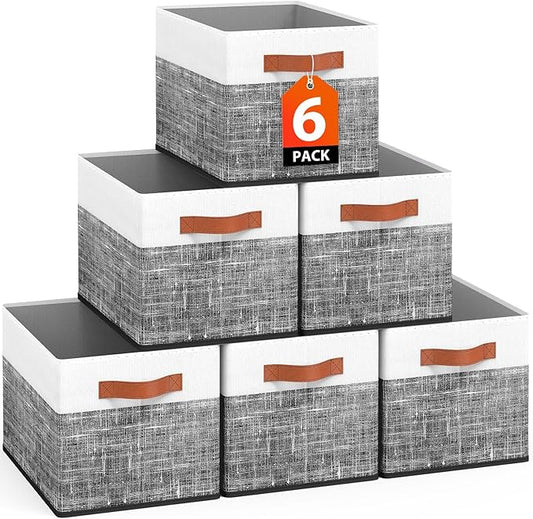 Fab totes Collapsible Storage Baskets for Shelves,14"x10", 6 Pack Foldable Fabric Storage Bins with Double Leather Handles, Large Baskets for Organizing Books, Clothes, White & Black