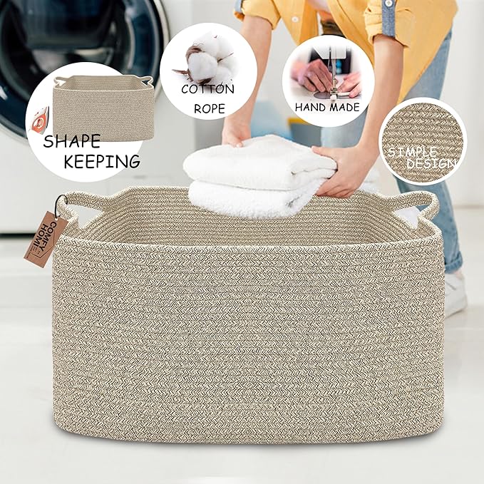 COMFY-HOMI Large Rectangular Blanket Basket, Woven Cotton Rope Baskets for Storage, Laundry Hamper Basket, Storage Bin,Toy Organizing Bin with Handle, Organization and Storage-22x15x12”-Brown-NeatNest