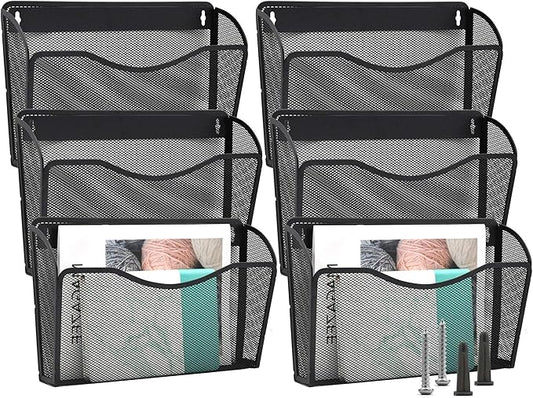 EASEPRES 6 Single Pocket Mesh Hanging File Organizer, Vertical Wall Mounted Magazine File Holder, Mount Basket Mail Paper Document Folder Organizing for Office, Home and School, Black