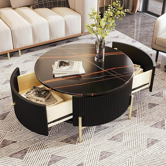 31.5'' Modern Round Coffee Table with 2 Large Drawers Storage Accent for Living Room Apartment, Black
