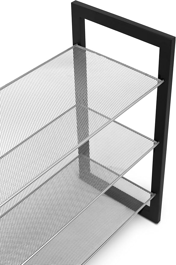 Internet's Best Mesh Shoe Rack - 3-Tier - Free Standing Metal Wood Shoe Organizer - Closet and Entryway - Fits 12 Pairs of Shoes - Black & Silver-NeatNest