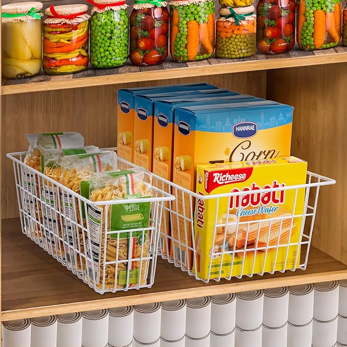 iPEGTOP Wire Storage Freezer Baskets, Set of 6 Large 15.4" Farmhouse Organizer Storage Bins Fridge Basket Rack with Handles for Kitchen Cabinets, Pantry, Office, Bathroom Organization - White