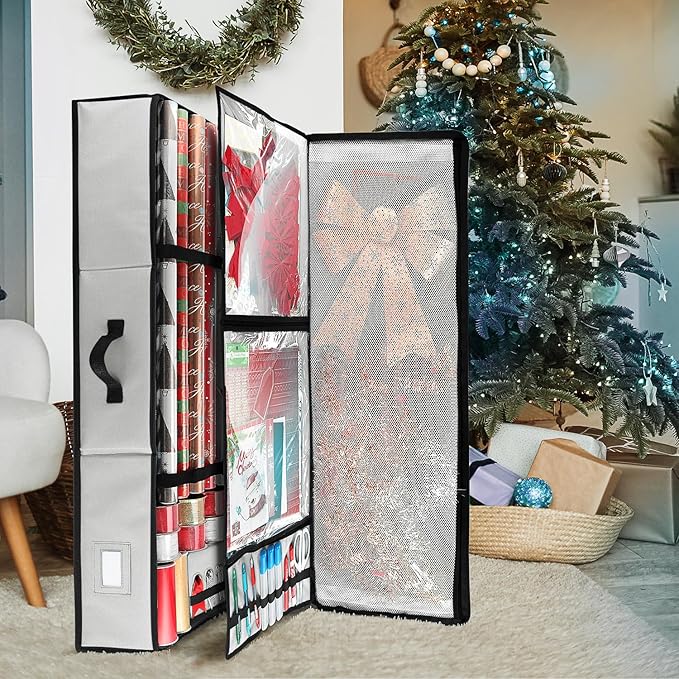 Hearth & Harbor Wrapping Paper Storage Container - Christmas Storage Bag with Ribbon Dispenser and Interior Pockets - Gift Wrap Organizer Fits Up to 26 Rolls of 40" Length, Silver-NeatNest