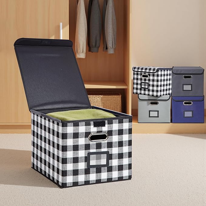 File Organizer Box, Linen Filing Organizer with Lid, Large Desktop File Boxes, Black and White Lattice,2 Pack