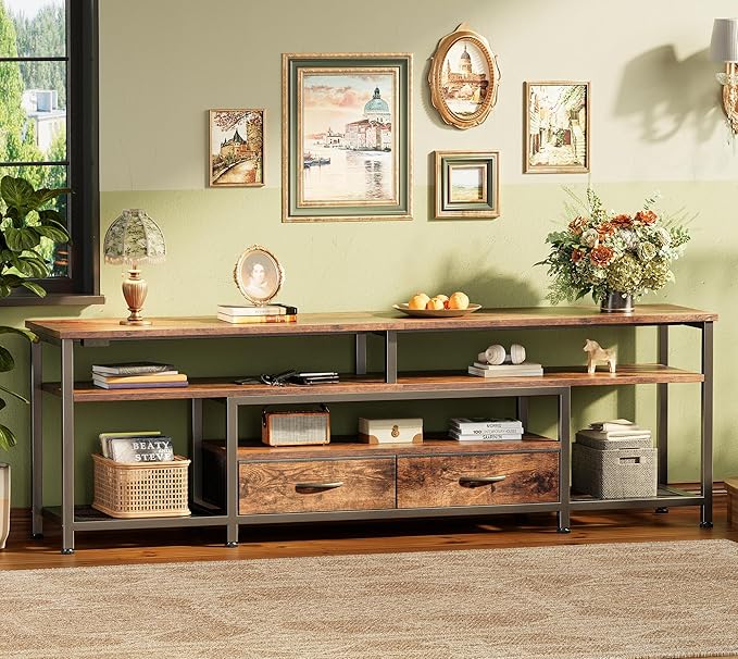 Huuger TV Stand for 65, 70 Inch TV, Entertainment Center with Power Outlets and LED Lights, TV Console for Living Room, Media Console with Drawers and Shelves, Rustic Brown-NeatNest