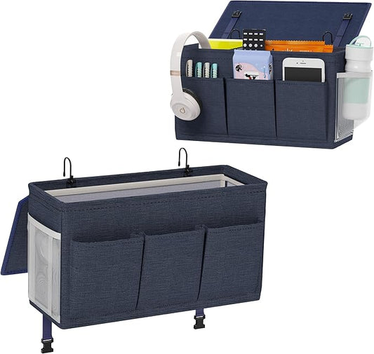 Dual-purpose Bedside Caddy Bedside Organizer, Bed Caddy with 6 Pockets, Versatile Bedside Storage Solution Magazine Remotes holder, ideal for Home, Dorm, Hospital, Crib Bed (Navy 2pcs)-NeatNest