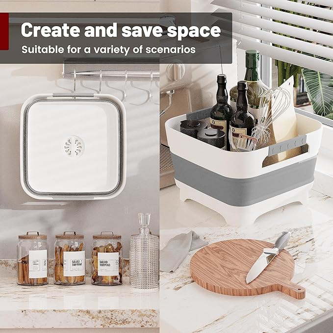 2.4 Gal Collapsbile Wash Basin with Drian Plug,9L Dish Pan for Soaking Baby Bottles,Portable Sink, Multiuse Foldable Bucket,Ice Beverage Tubs for Camping, Vegetable Washing, RV (Gray)-NeatNest