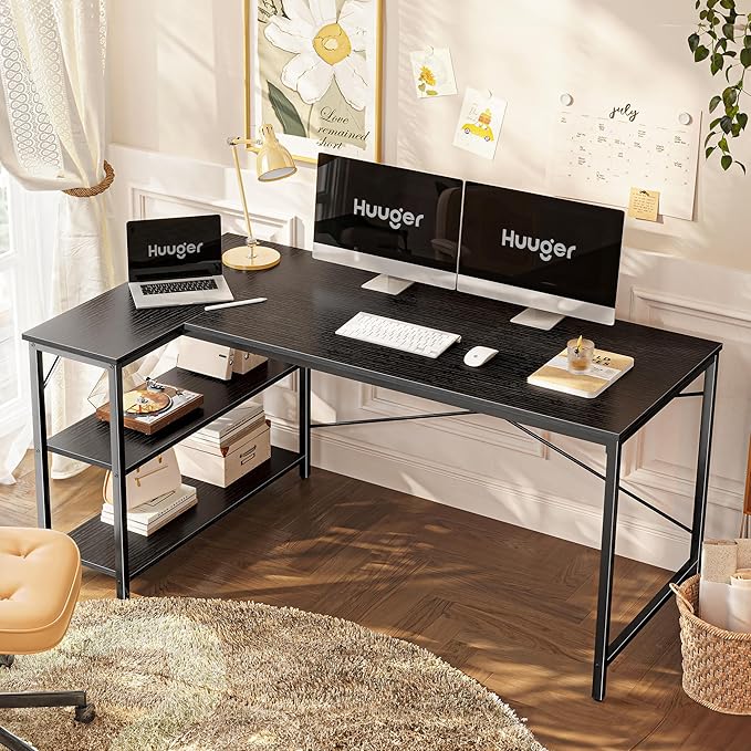 Huuger L Shaped Desk, 55 Inches Computer Desk with Reversible Storage Shelves, for Gaming Corner Home Office Writing Study, Metal Frame, Black-NeatNest