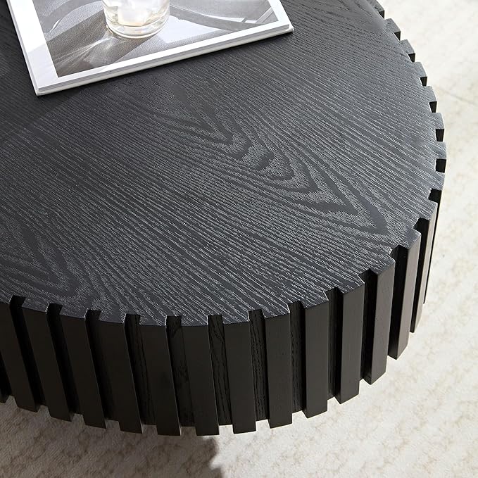 Kevinplus Black Oval Coffee Table - Modern Wood Coffee Table for Living Room, Contemporary Circle Fluted Drum Design, Easy Assembly, 43.7'' x 24.8'' x 13.38''