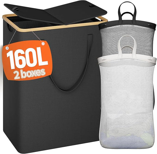 160L Double Laundry Hamper with Lid 2 Section, Large Bamboo Laundry Basket with 2 Removable Bags, Clothes Hampers for Laundry for Bedroom, Bathroom, Dorm, Laundry Room, Black-NeatNest